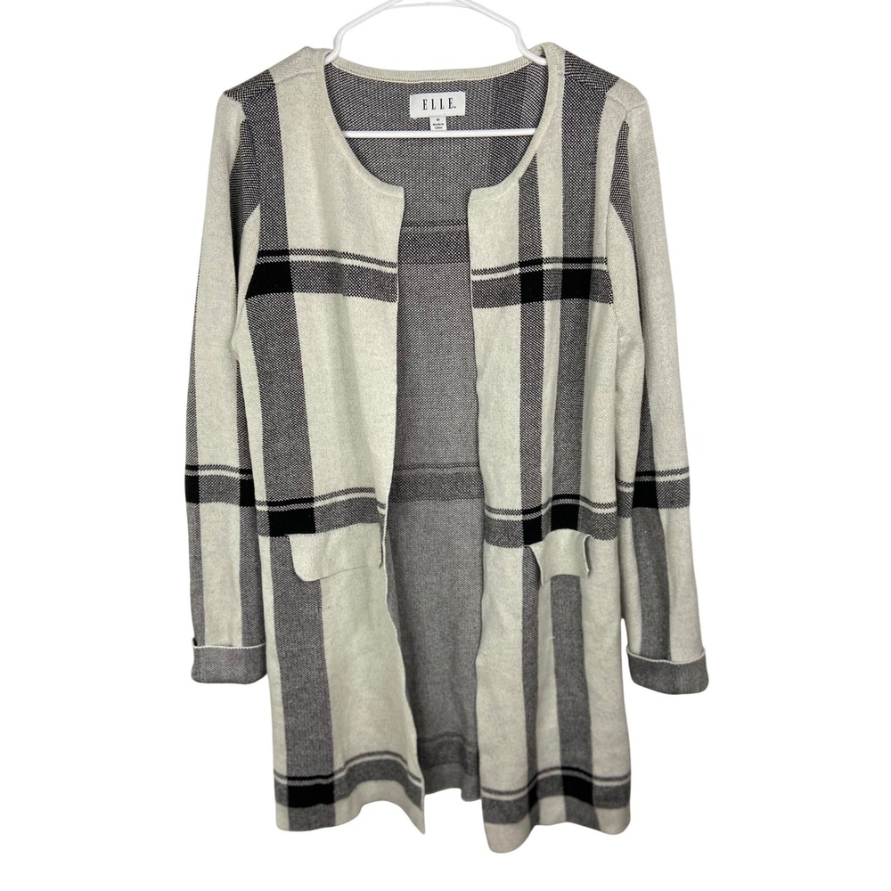 ELLE Women's‎ Medium Open Front Plaid Cardigan Cream Black Long Sleeve Knit